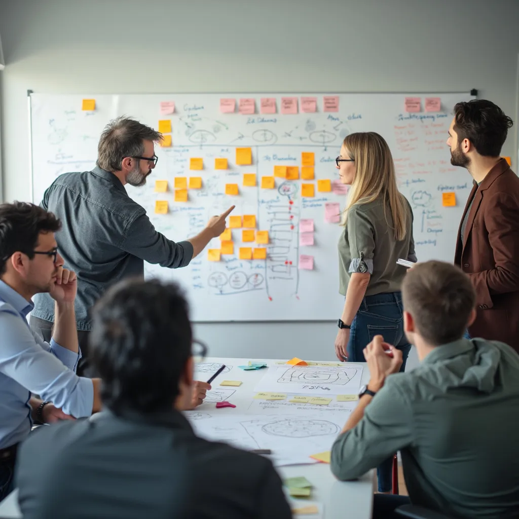 Equipo de consultores en una sesión de lluvia de ideas intensa y productiva.