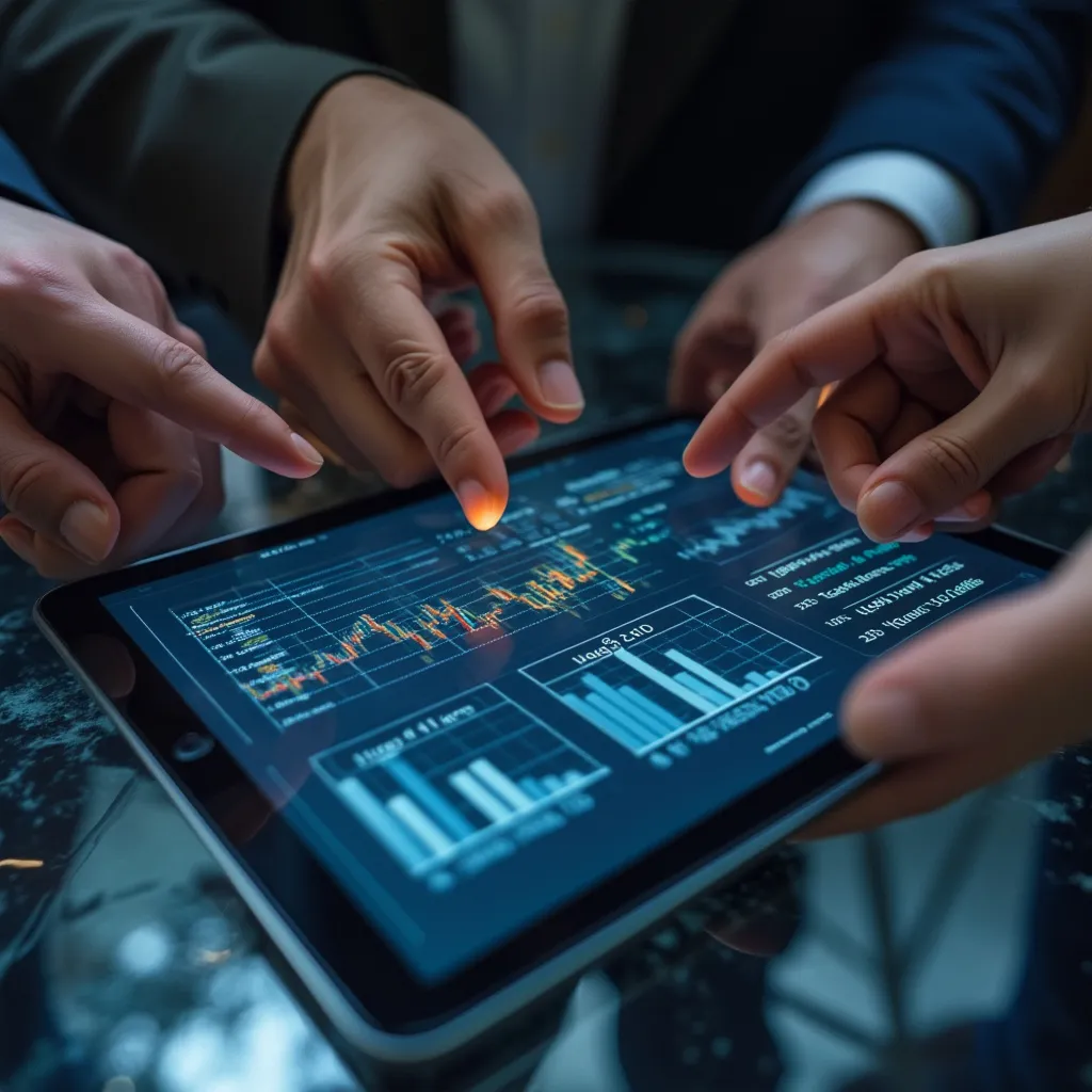 Detalle de manos colaborando sobre un plan estratégico en una tableta digital.