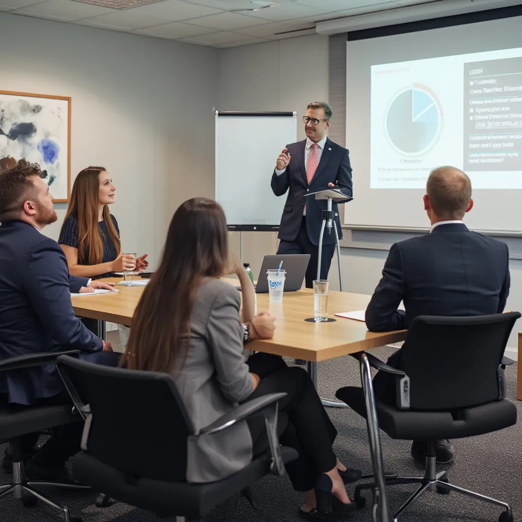 Consultor impartiendo un taller de capacitación a un grupo de profesionales.